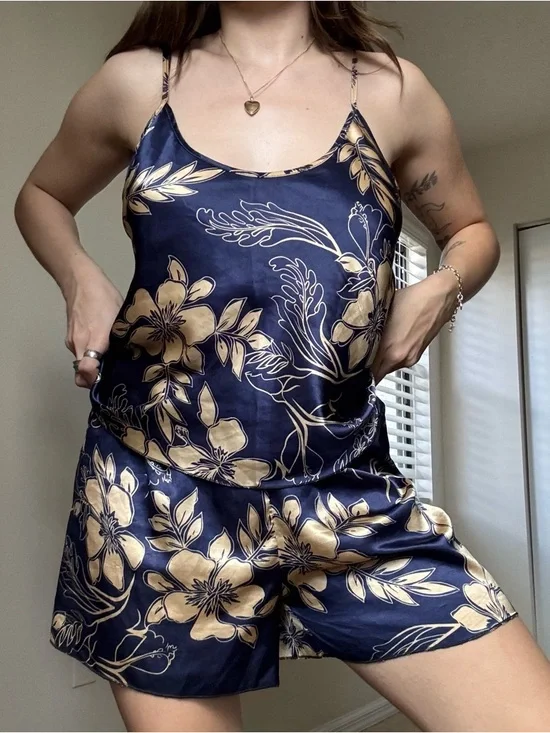 Silky Navy Blue & Gold Floral Cami Short Set - Picture 1 of 5